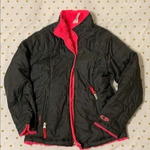 Gray puffer jacket with hot pink furry lining